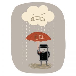 Cartoon figurine man standing calmly under an umbrella whilst being rained on by angry thoughts. It's time to develop your emotional intelligence.