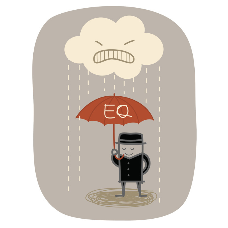 Cartoon figurine man standing calmly under an umbrella whilst being rained on by angry thoughts