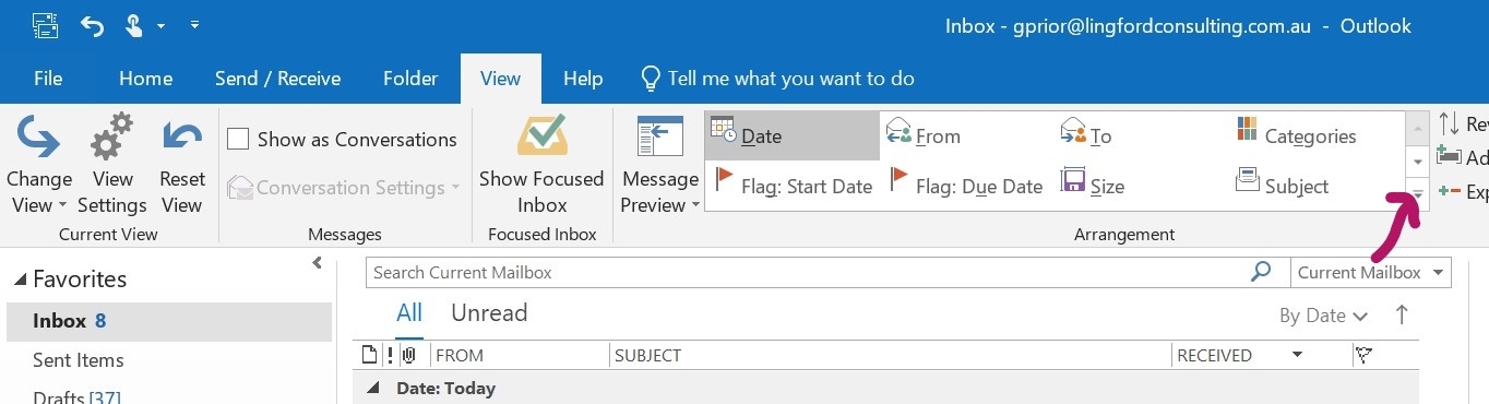 Outlook Inbox Arrange By Options under View Tab