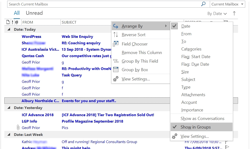 View Outlook Email Inbox in Groups