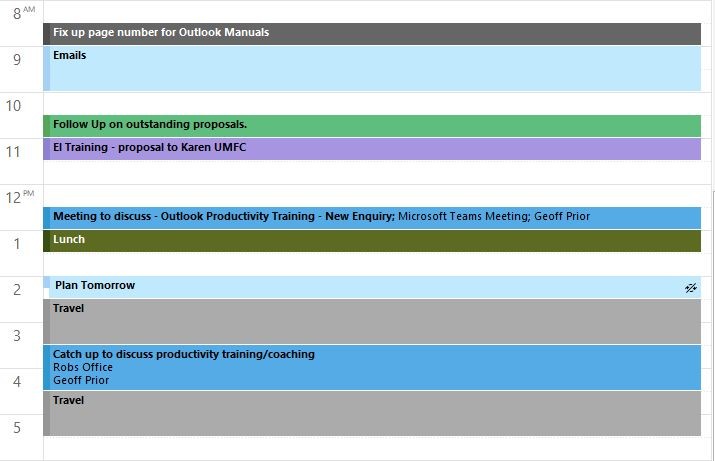 Outlook Calendar Screenshot of a Day - working from home