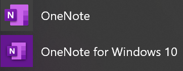 Picture of Windows 10 Menu items for Microsoft OneNote