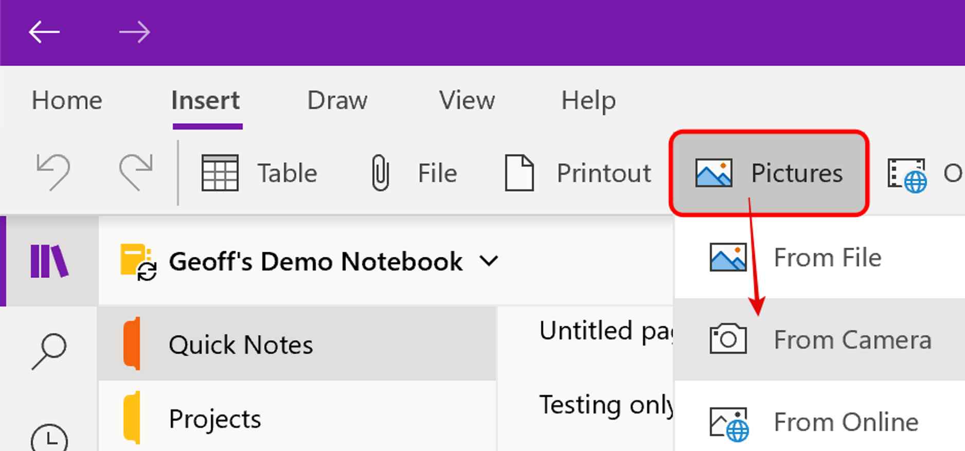 Microsoft OneNote for Windows 10 use Camera within a page