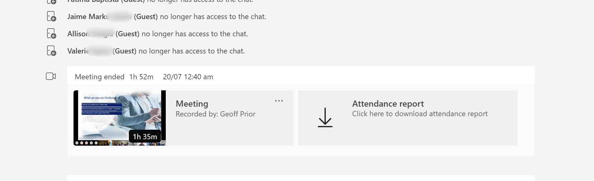 A Screenshot showing the Microsoft Teams Meeting Recording appearing in the Chat