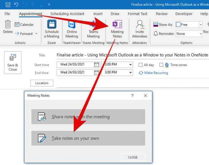 How to link your OneNote notes to a meeting in Outlook