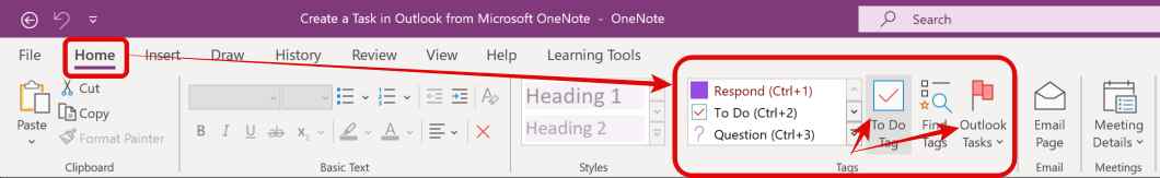 Tags in Microsoft OneNote - Create an Outlook Task in Onenote