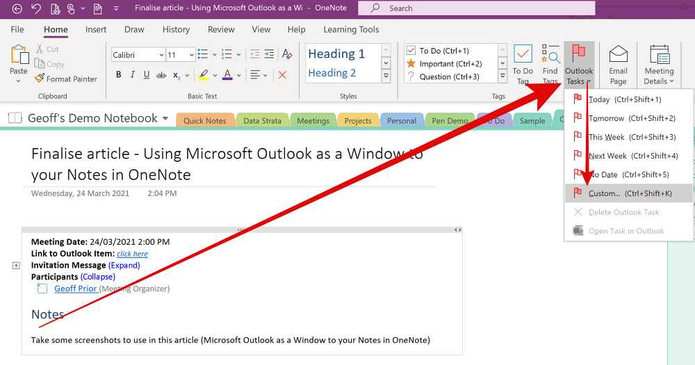 Outlook Tasks Tag in Microsoft OneNote. Create an Outlook Task in Onenote