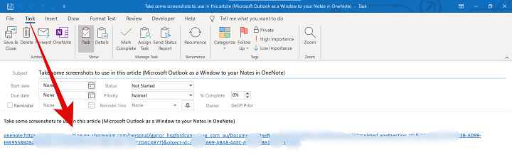 Create an Outlook Task in OneNote and this great