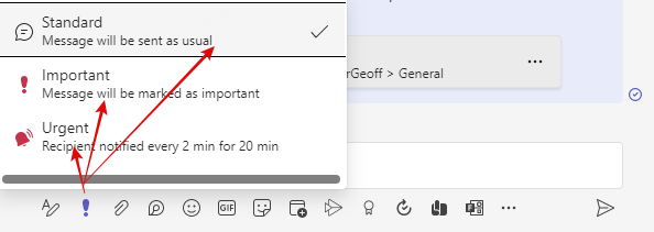 Screenshot of Microsoft Teams Chat showing Usrgent, Important or Standard options