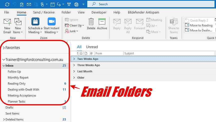 Screenshot of Outlook Email Folders. Show your email folders