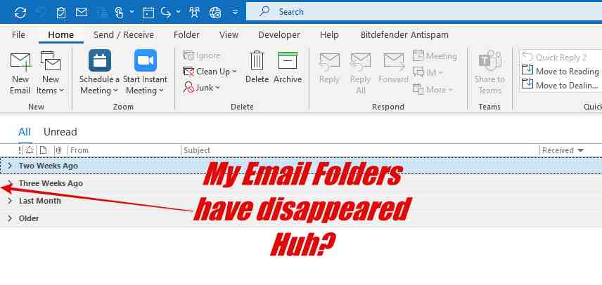 Screenshot of Outlook Email Folders that are now hidden. 