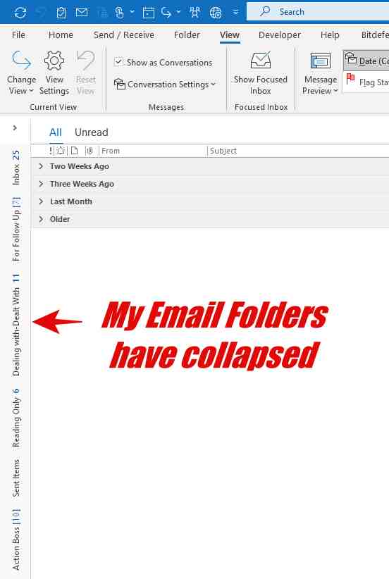 Screenshot of Outlook Folders have collapsed.