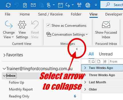 Screenshot of Outlook Folders have collapsed. Show your email folders again.