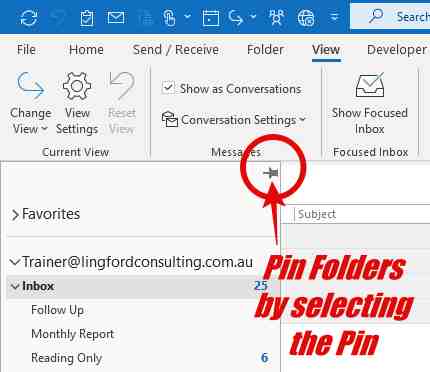 Screenshot showing how to pin your email folders. 
