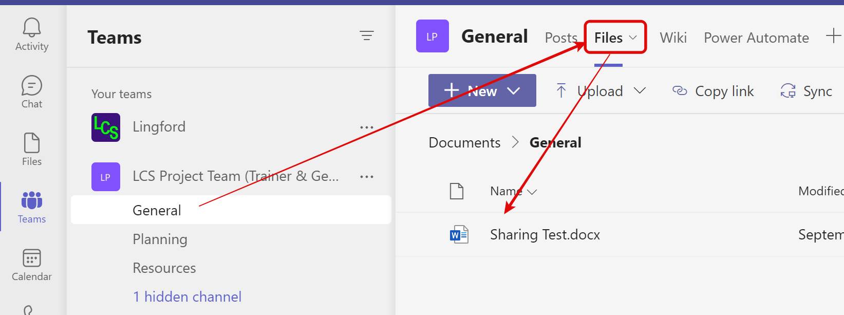 Screenshot of Microsoft Teams Files location in a Channel