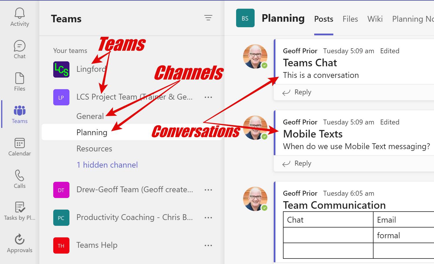 Screenshot of Microsoft Teams Layout showing TEams Channels and Conversations