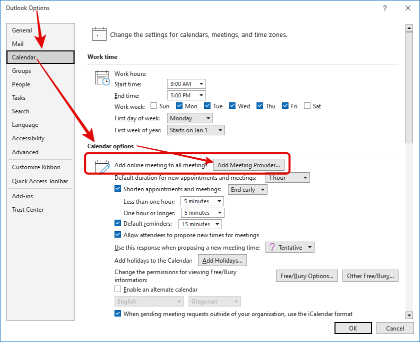 Screenshot of Outlook Options and how to uncheck the add online meetings checkbox
