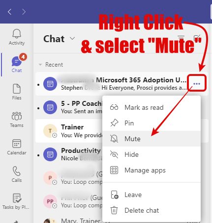 MS Teams Desktop Chat Screenshot showing how to Mute Teams Meeting Chat