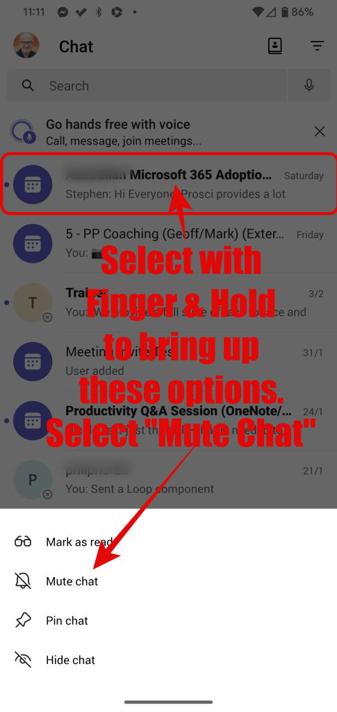 MS Teams Mobile Chat Screenshot showing how to Mute Teams Meeting Chat