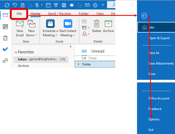 Screenshot to show how to get to FIle > Options to remove add online meetings