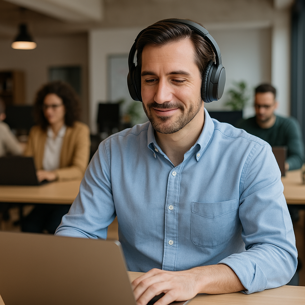 Man using laptop in office with noise cancelling headphones and displaying microsoft teams etiquette