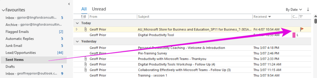Screnshot of your Sent Items showing emails - Flag emails you send