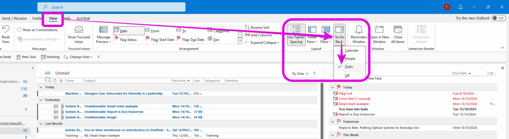 Screenshot of how to enable to do bar in outlook - Flag email you send