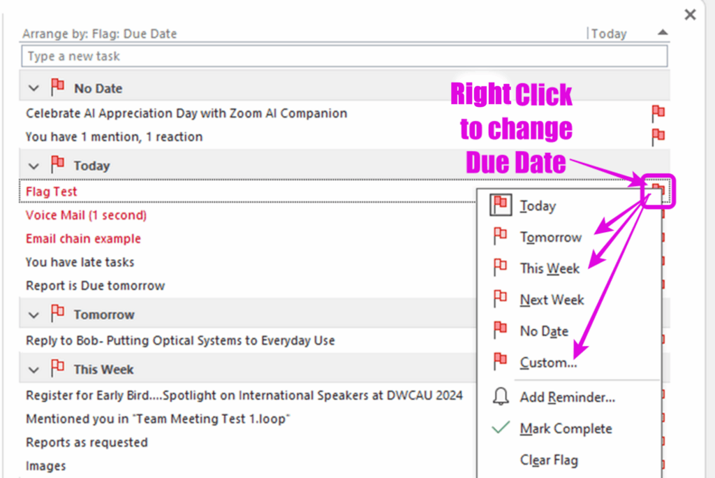 Screenshot of to do bar in outlook showing how to change email flag due day - Flag emails you send