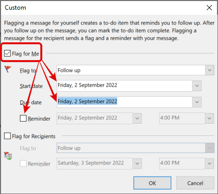 Screenshot of Custom Flag Dialog box - Flag emails you send