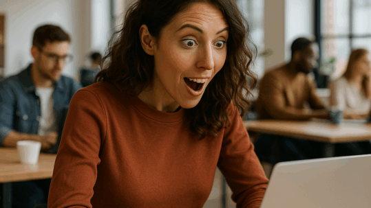 Woman typing on a laptop and looking very surprised. She's just discovered you can flag email your send