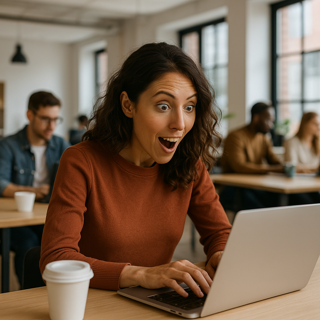 Woman typing on a laptop and looking very surprised. She's just discovered you can flag email your send