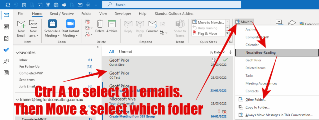 A screenshot in Outlook to show how to use Control + A to select all emails in a email folder