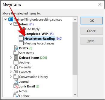 A screenshot showing how to move items to another folder using the Move button in Outlook