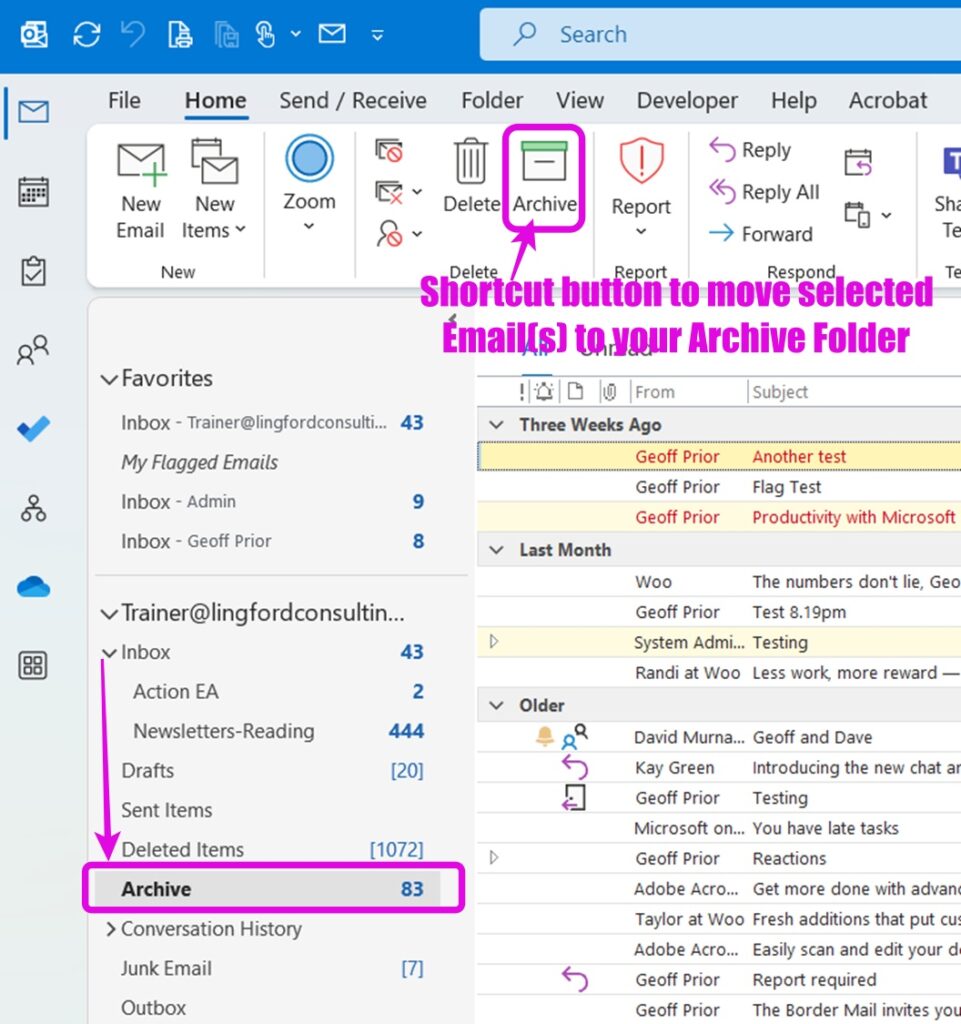 A screen shot in Microsoft Outlook showing you how to use the shortcut button to move selected emails to an archive folder.
