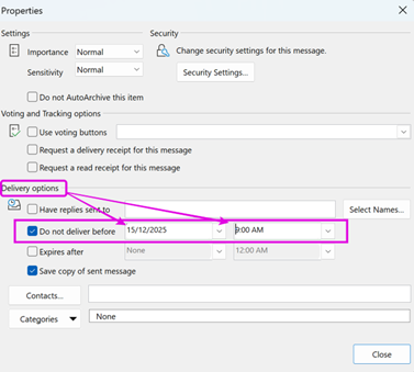 How to select day & time in delivery delay in Classic Outlook