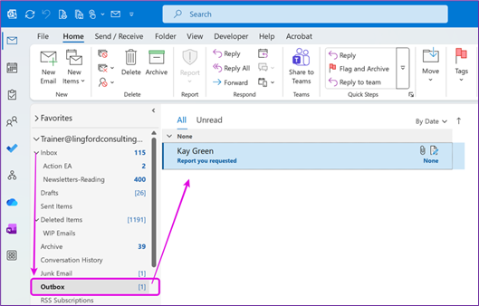 The email scheduled for delayed delivery, sits in your Outlook "Outbox"