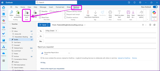 Accessing Schedule Send in the New Outlook.