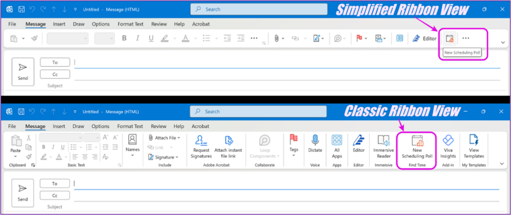 Locate Scheduling Poll (FInd Time) in your Outlook's Classic Ribbon
