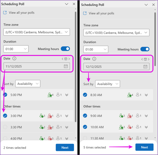 Select dates/times and meeting duration in Scheduling Poll (FInd Time) email