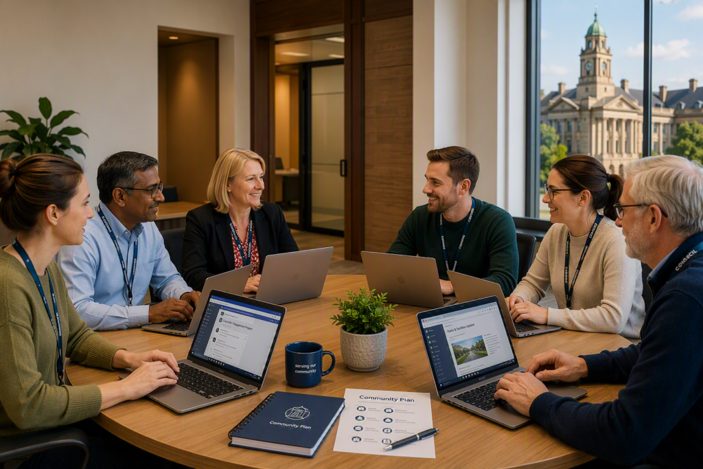 A group of people in a meeting with their laptops discussing teams channels